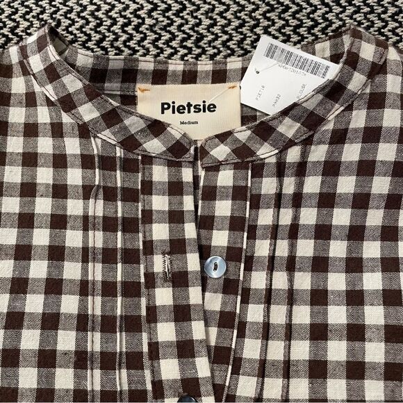 Pietsie Atlin Brwn/Wht Gingham Pull Over Long Full Sleeve Pleated Top Sz-M NWT! - Picture 2 of 9